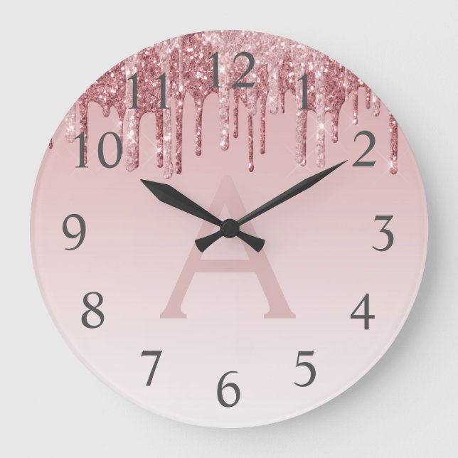 Rose Gold Sparkle Glitter Monogram Name & Initial Large Clock (Front)