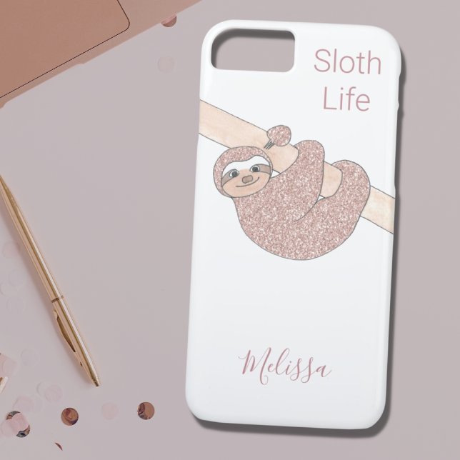 Rose Gold Sparkle Glitter Name Cute Sloth Case-Mate iPhone Case (Creator Uploaded)