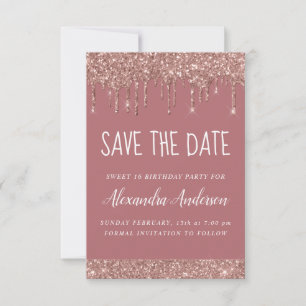 Rose Gold Sparkle Glitter Sweet 16 Save the Date Invitation