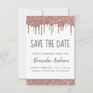 Rose Gold Sparkle Glitter Sweet 16 Save the Date Invitation