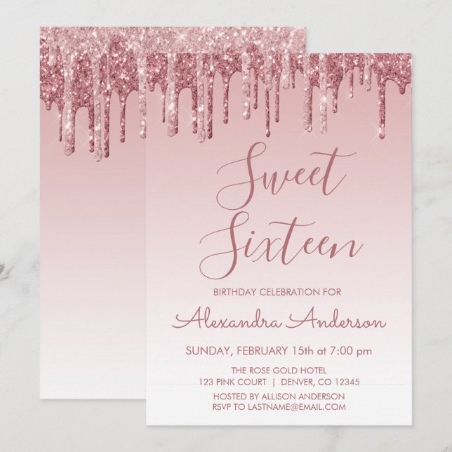 Rose Gold Sparkle Glitter Sweet Sixteen Birthday Invitation (Front/Back)