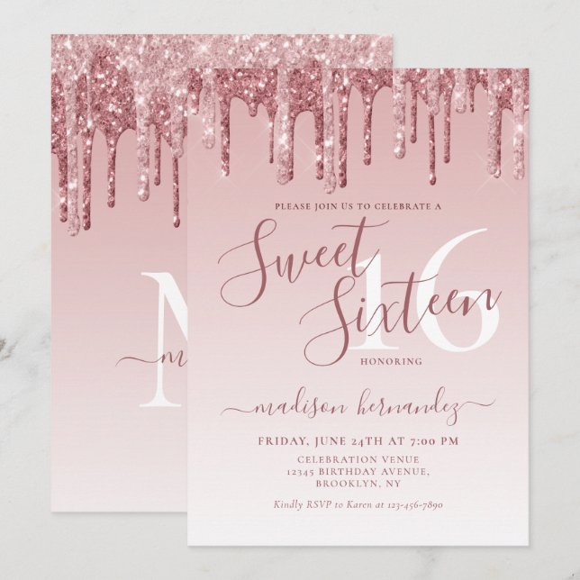 Rose Gold Sparkle Glitter Sweet Sixteen Birthday Invitation (Front/Back)