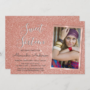 Rose Gold Sparkle Glitter Sweet Sixteen Birthday Invitation