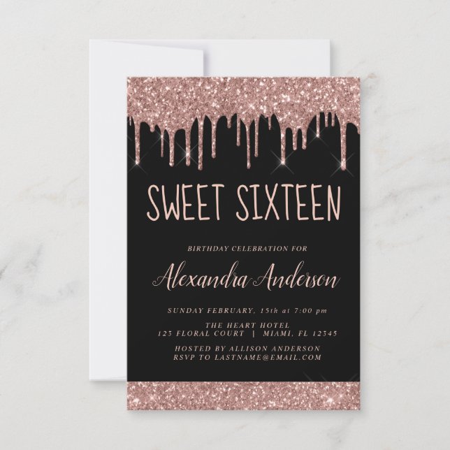 Rose Gold Sparkle Glitter Sweet Sixteen Birthday Invitation (Front)