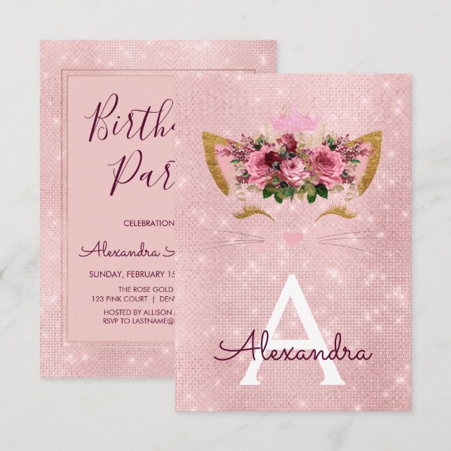 Rose Gold Sparkle Kitten Girly Birthday Party Invitation (Front/Back)