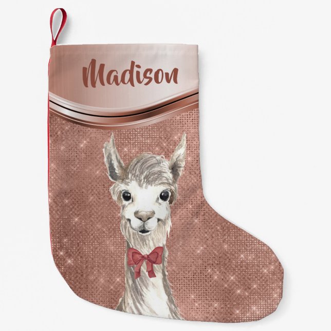 Rose Gold Sparkle Llama Pretty Personalized Small Christmas Stocking (Front)