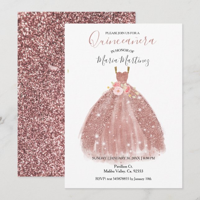 Rose Gold Sparkle Pink Flowers Quincean Invitation (Front/Back)