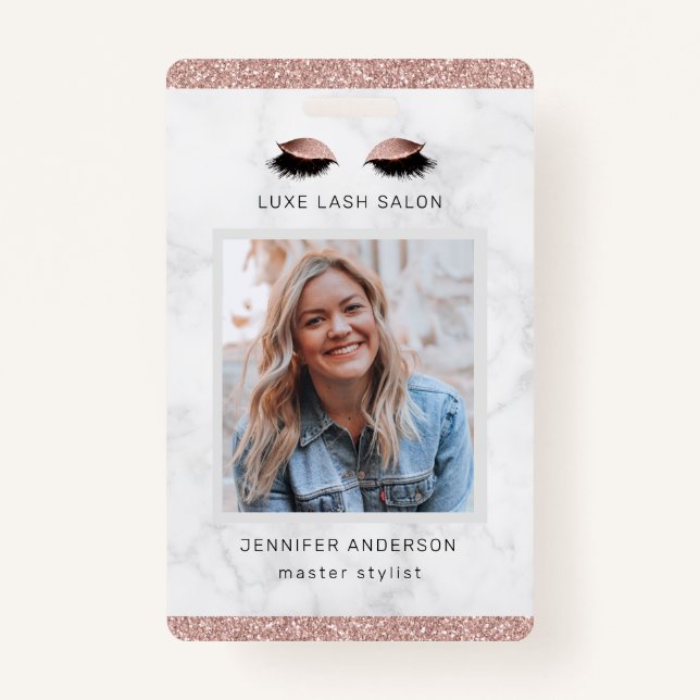 Rose Gold Sparkle Salon Logo Photo Stylist ID Badge (Front)