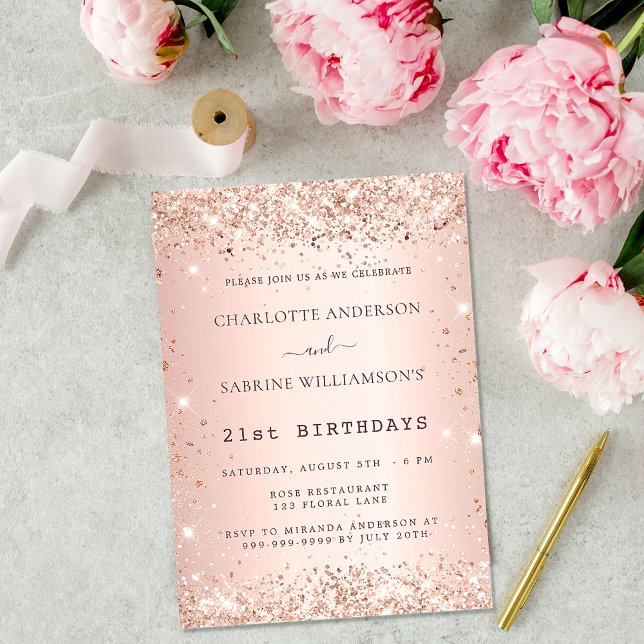 Rose gold sparkle two persons twins birthday party invitation (Creator Uploaded)