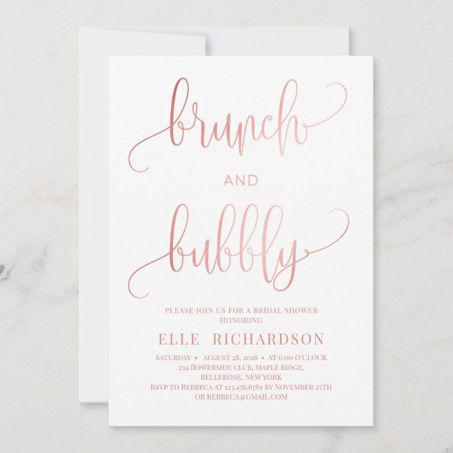 Rose gold sparkles brunch and bubbly invitation (Front)