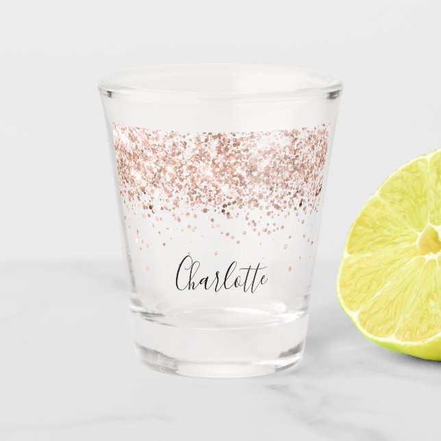 Rose gold sparkles name script elegant shot glass (Front)
