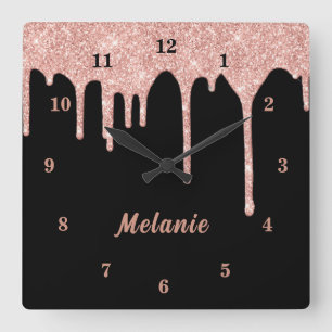 Rose Gold Sparkly Drips Black Clock Custom Name