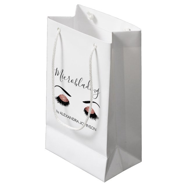 Rose Gold Sparkly Glitter Modern Microblading Small Gift Bag (Front Angled)