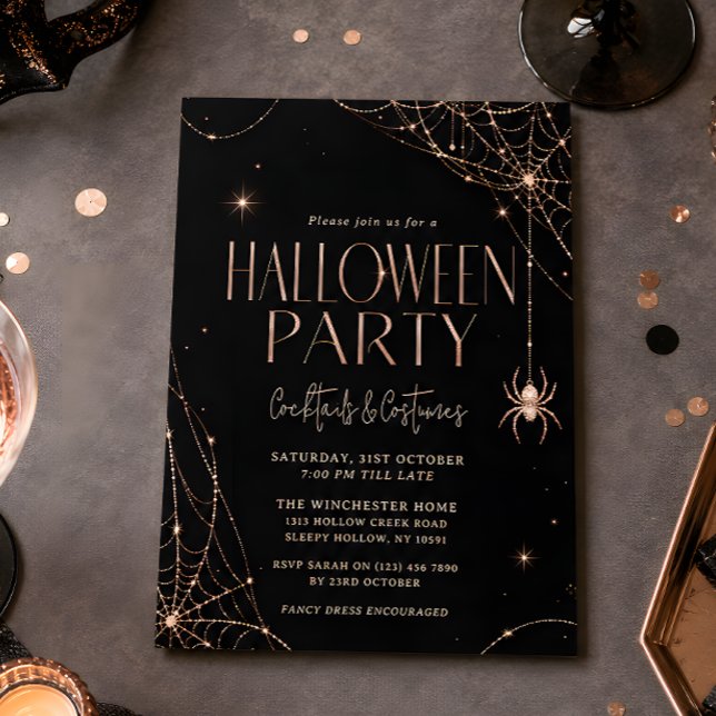 Rose Gold Spiderweb Halloween Party Invitation (Creator Uploaded)