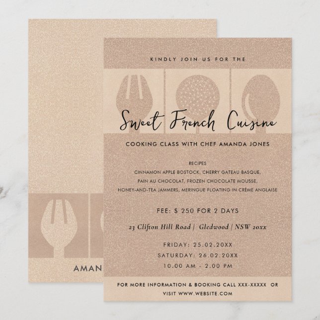 ROSE GOLD SPOON FORK COOKERY CLASS INVITATION MODÈ (Devant / Derrière)