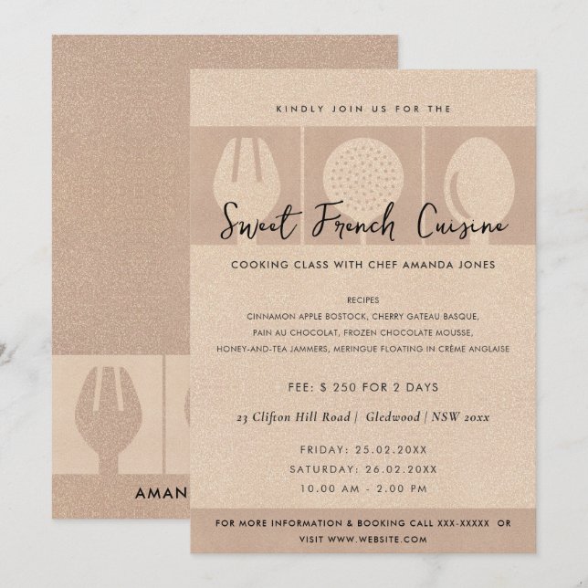ROSE GOLD SPOON FORK COOKERY CLASS INVITE TEMPLATE (Front/Back)