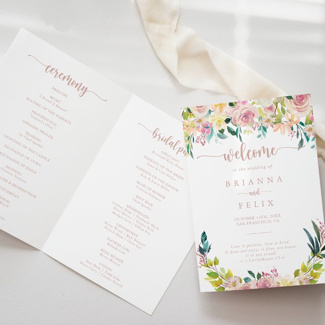Rose Gold Spring Floral Folded Wedding Program (Creator Uploaded)
