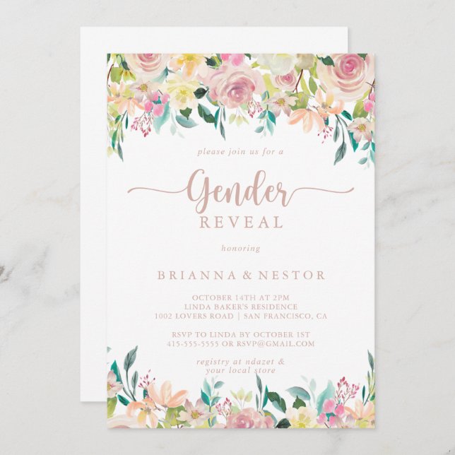Rose Gold Spring Floral Gender Reveal Party  Invitation (Front/Back)