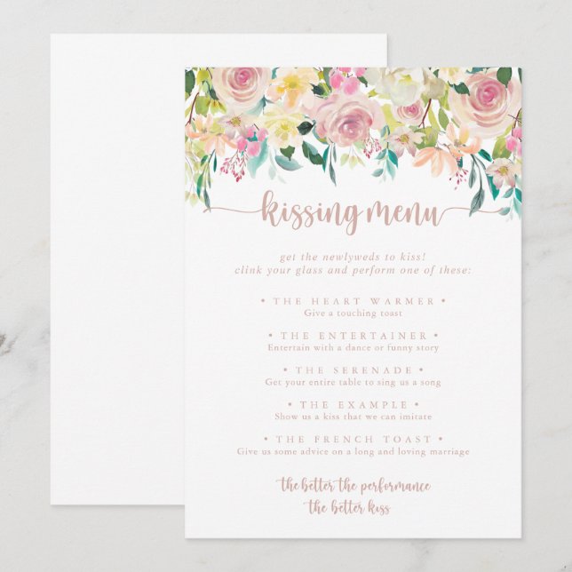 Rose Gold Spring Floral Kissing Menu Game Card (Front/Back)