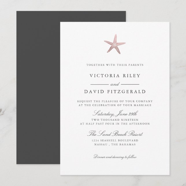 Rose Gold  Starfish Elegant Ocean Beach wedding Invitation (Front/Back)