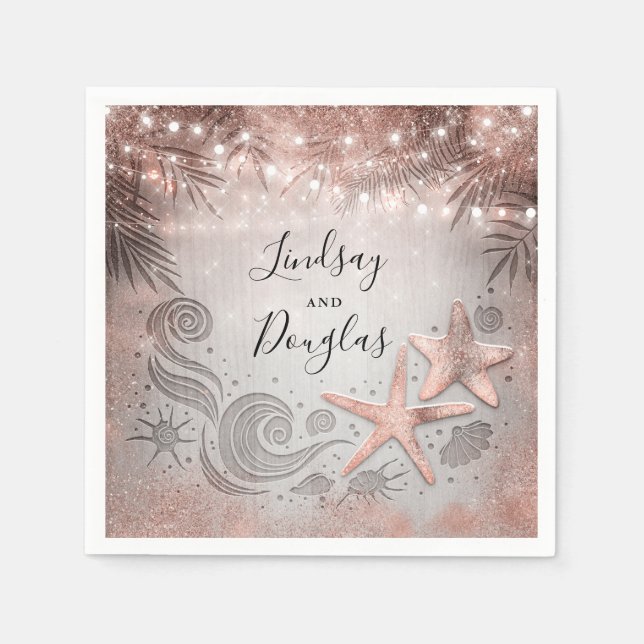 Rose Gold Starfish Tropical Beach Wedding Napkin (Front)