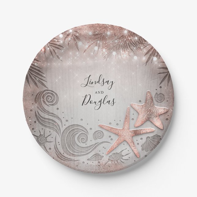 Rose Gold Starfish Tropical Beach Wedding Paper Plate (Front)