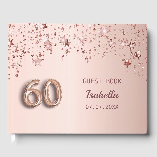 Rose gold stars 60th birthday guest book (Front)