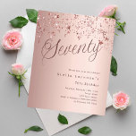 Rose gold stars budget 70th birthday invitation<br><div class="desc">A modern,  stylish invitation for a 70th birthday party.  Rose gold gradient background and the word Seventy written with elegant large script letters in dark rose gold. Decorated with rose gold coloured stars. Personalize and add a name and party details. 

1 sheet = 1 invitation printed edge to edge.</div>