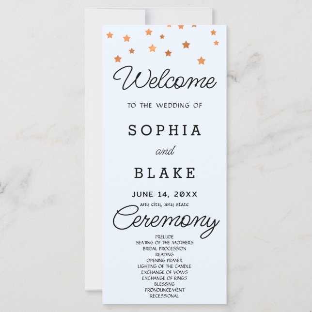 Rose Gold Stars Celestial Blue Wedding Program (Front)