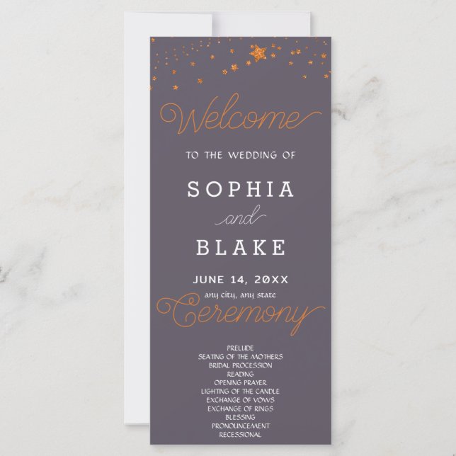 Rose Gold Stars Celestial Grey Wedding Program (Front)