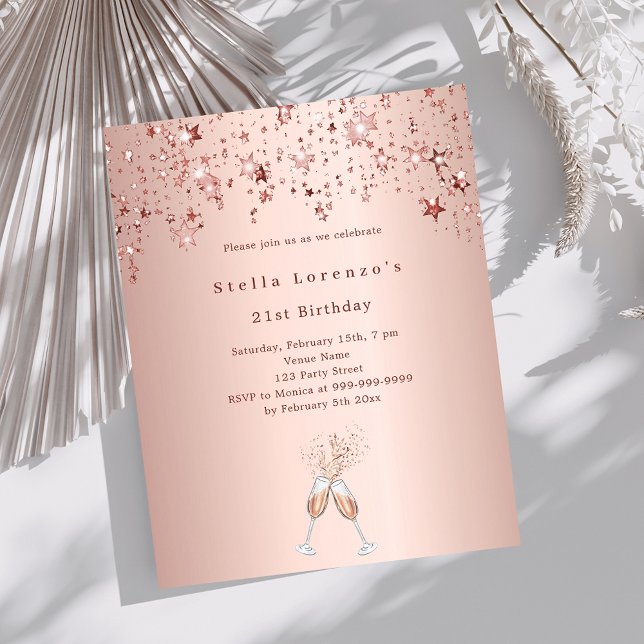 Rose gold stars cheers birthday invitation (Creator Uploaded)