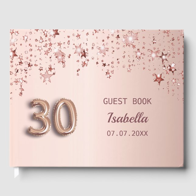 Rose gold stars name 30th birthday guest book (Front)