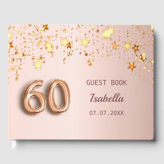 Rose gold stars name 60th birthday guest book (Front)