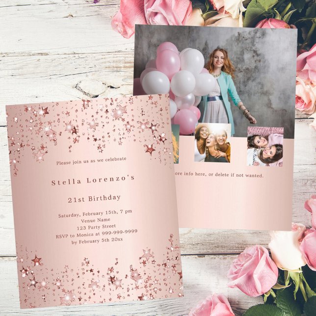 Rose gold stars photo budget birthday invitation (Creator Uploaded)