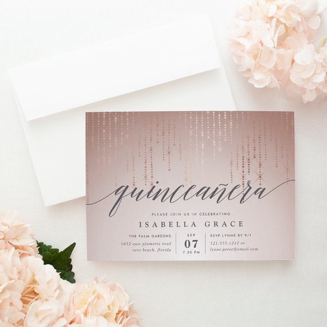 Rose Gold String Lights Quinceanera Invitation (Creator Uploaded)