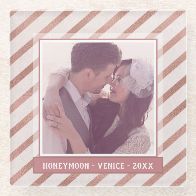 Rose Gold Striped Elegant Custom Photo and Text Glass Coaster (Front)