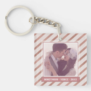 Rose Gold Striped Elegant Custom Photo and Text Keychain