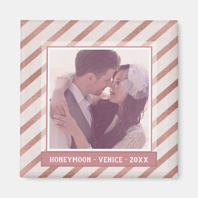Rose Gold Striped Elegant Custom Photo and Text Magnet (Front)