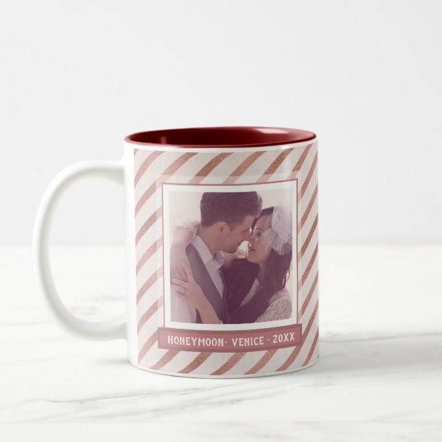 Rose Gold Striped Elegant Custom Photo and Text Two-Tone Coffee Mug (Left)