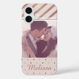 Rose Gold Stripes and Dots Elegant Custom Photo iPhone 16 Case