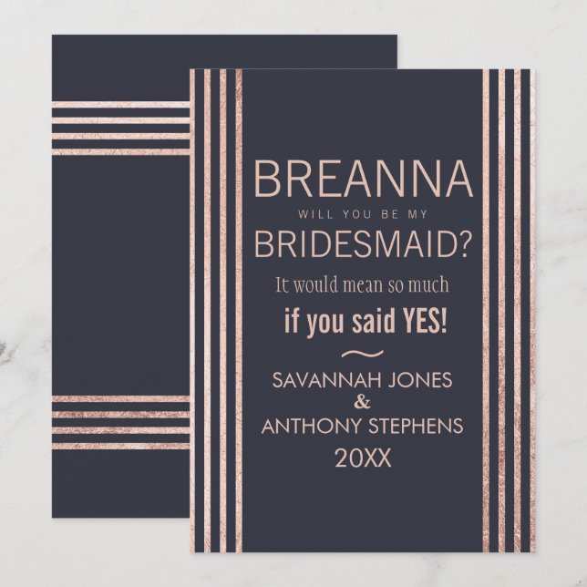 Rose Gold Stripes and Navy Blue Bridesmaids Invitation (Front/Back)