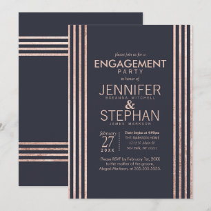 Rose Gold Stripes and Navy Blue Engagement Party Invitation
