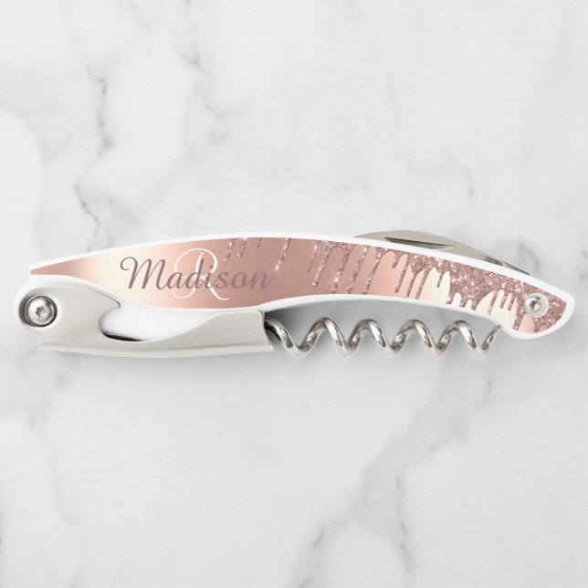 Rose Gold Stylish Monogram Metal Glitter Drips Corkscrew (Front)