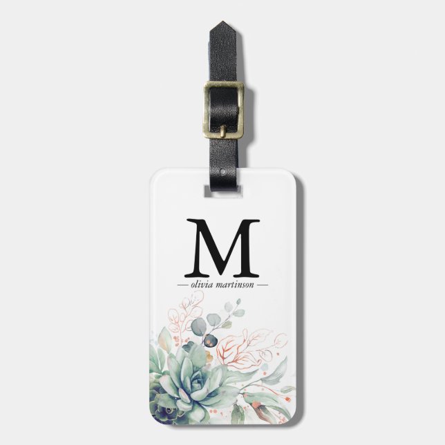 Rose Gold Succulents Greenery Monogram Luggage Tag (Front Vertical)