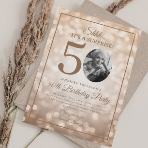 Rose Gold SURPRISE Photo 50th Birthday Glam Lights Invitation