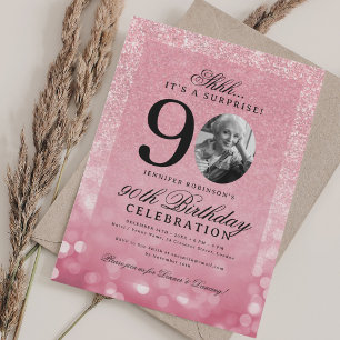 Rose Gold SURPRISE Photo Glam 90th Birthday  Invitation