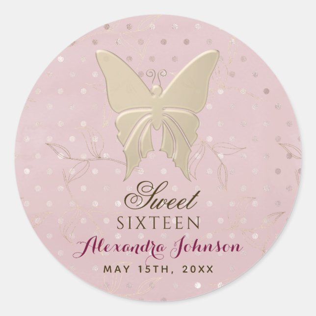 Rose Gold Sweet 16 Birthday Classic Round Sticker (Front)