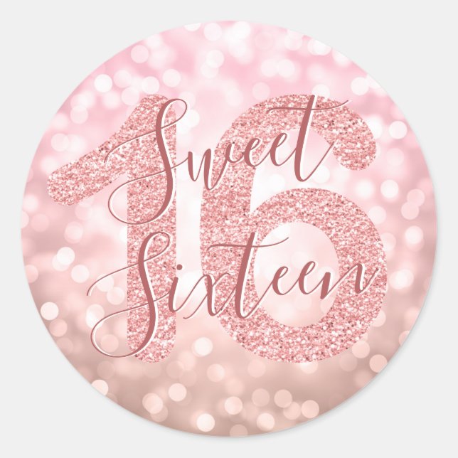 Rose Gold Sweet 16 Birthday Glitter Lights Classic Round Sticker (Front)
