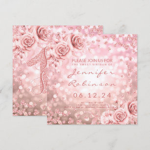 Rose Gold Sweet 16 Birthday Glitter Lights Floral Invitation