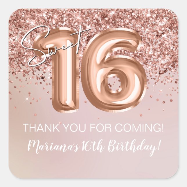 Rose Gold Sweet 16 Birthday Party Favour Square Sticker (Front)